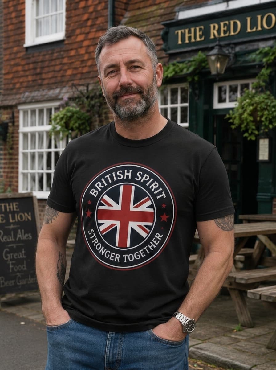 British Spirit T-shirt worn, lifestyle shot