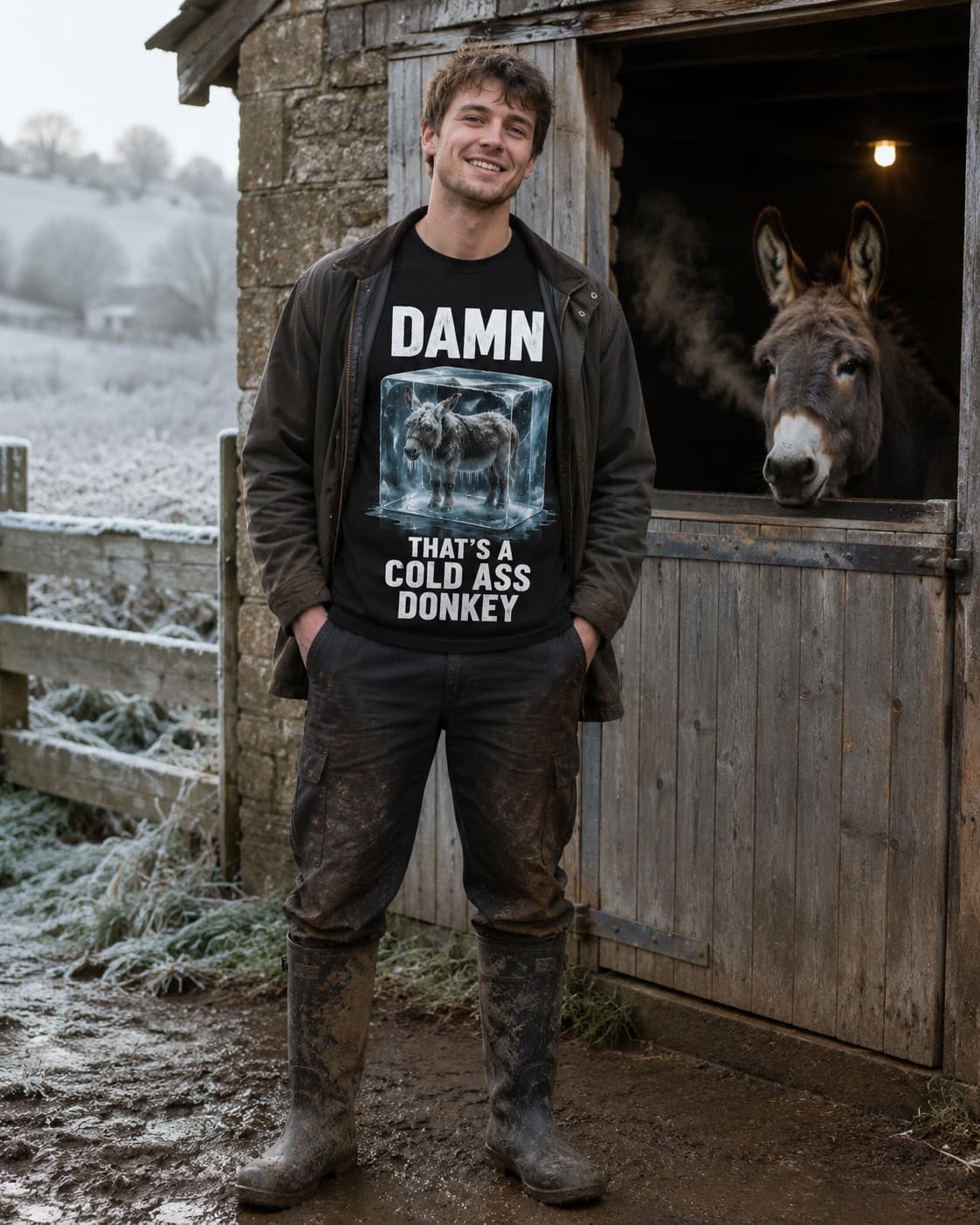Cold Ass Donkey T-shirt worn, lifestyle shot