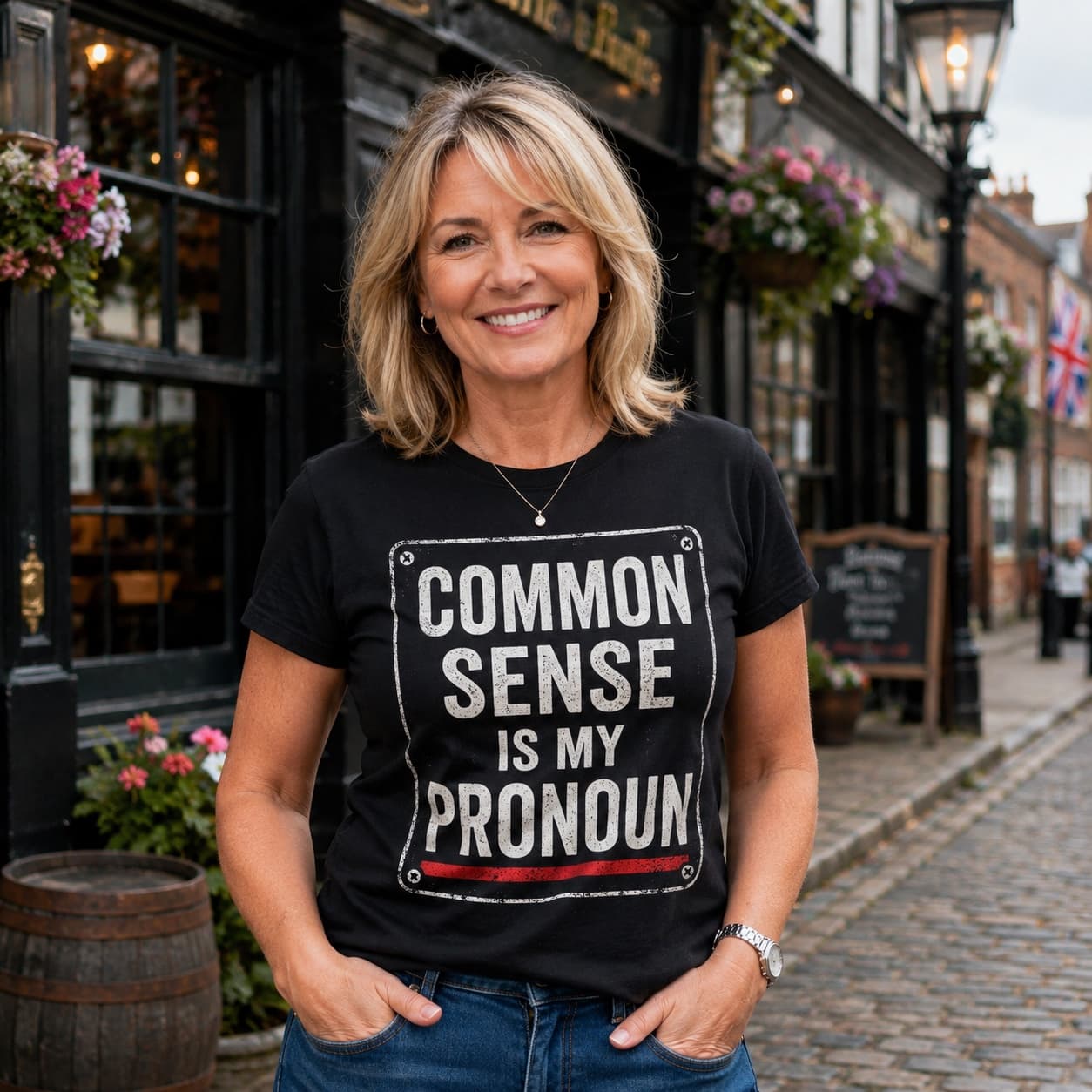 Common Sense Is My Pronoun T-shirt worn, lifestyle shot