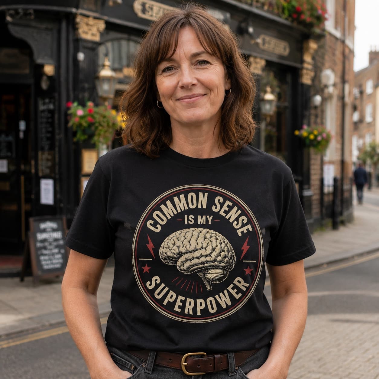Common Sense Is My Superpower T-shirt worn, lifestyle shot