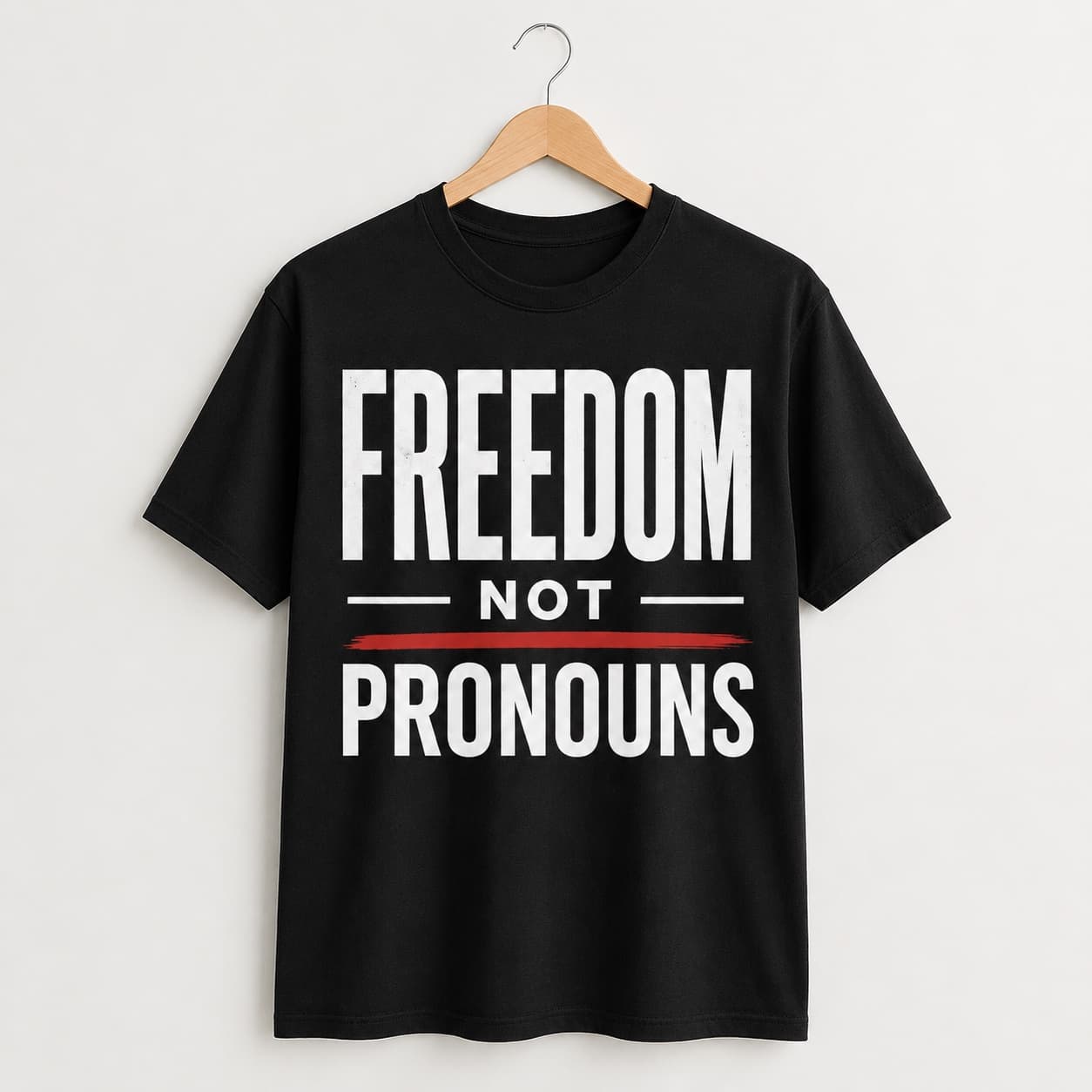 Freedom Not Pronouns black T-shirt, front print