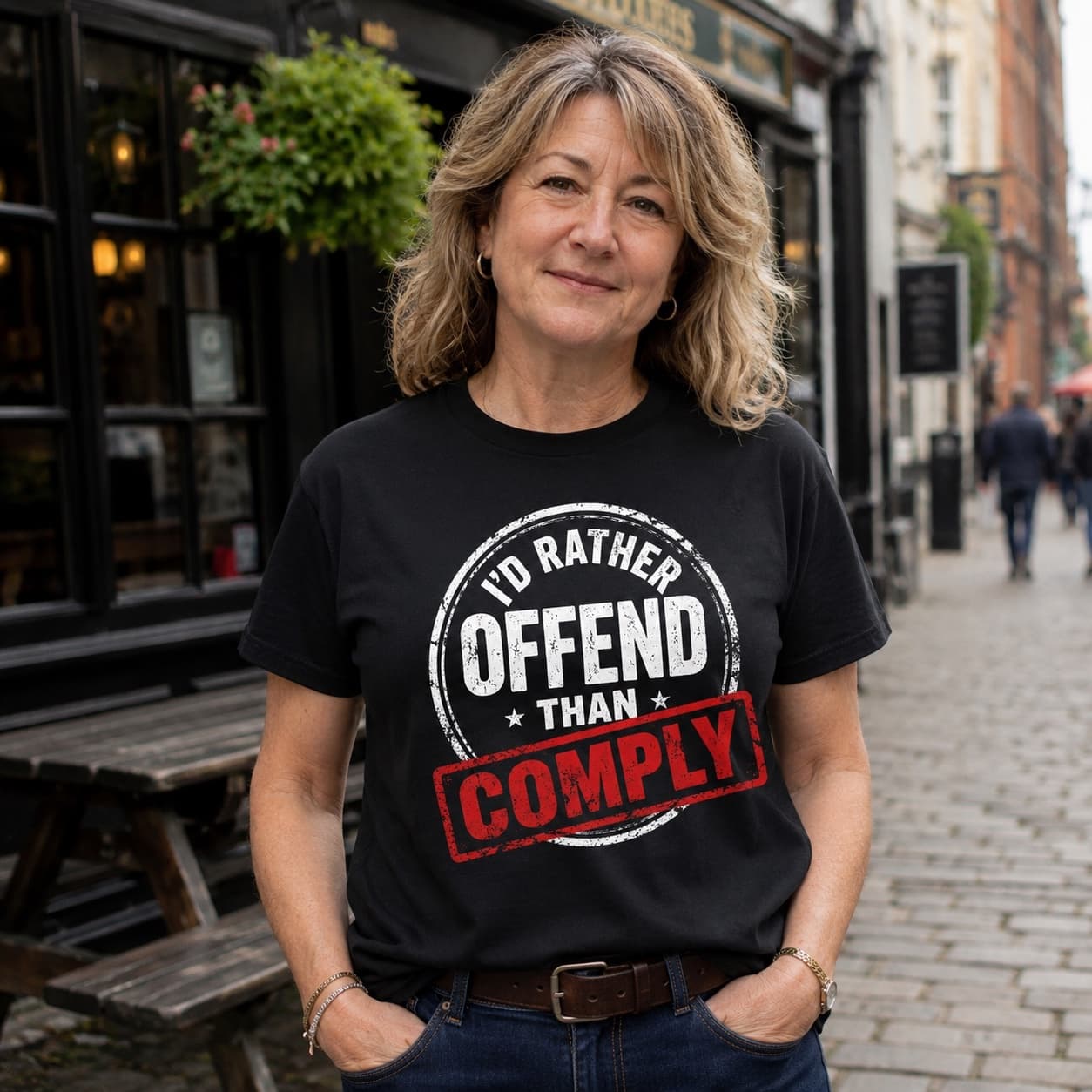 I'd Rather Offend Than Comply T-shirt worn, lifestyle shot