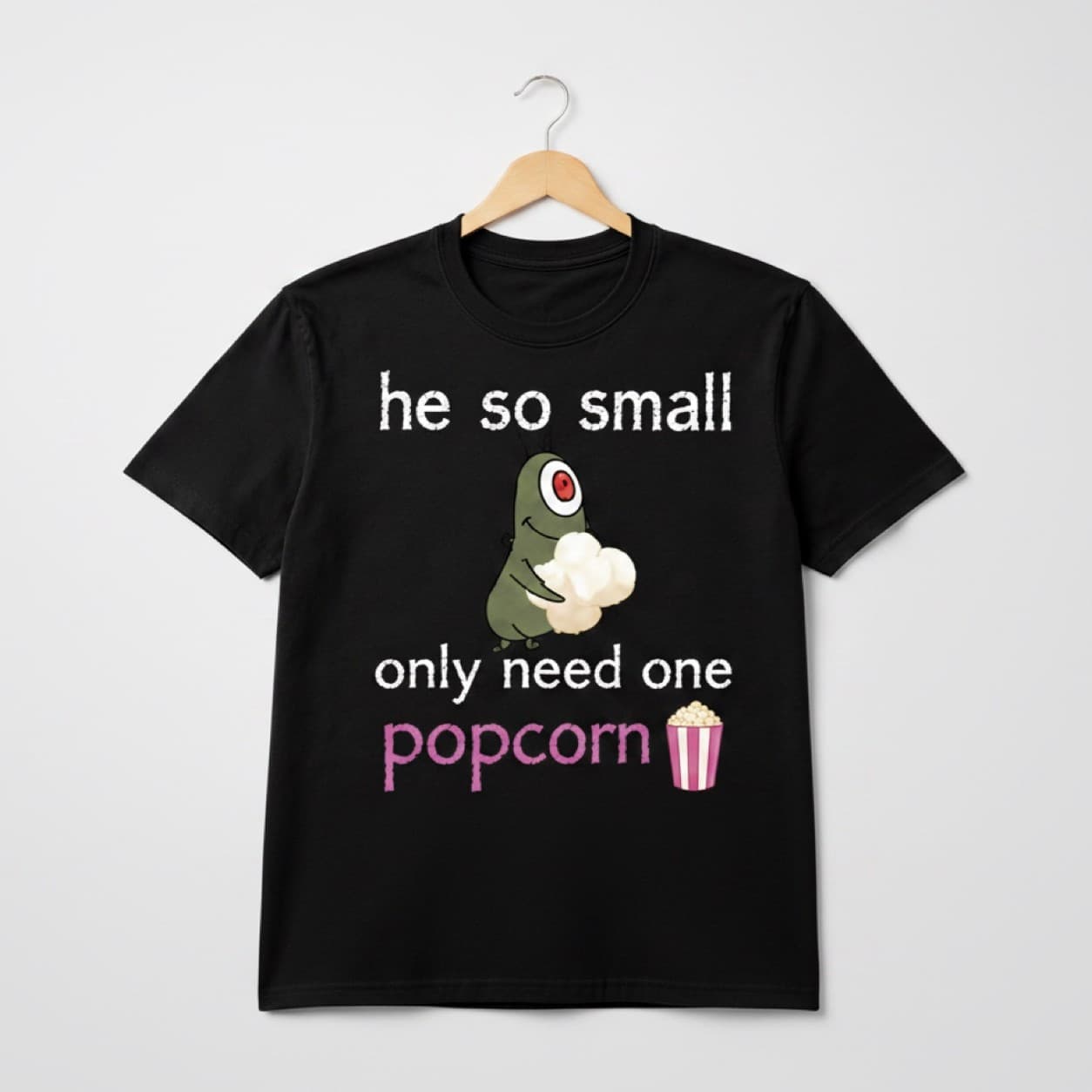 One Popcorn t-shirt on a hanger