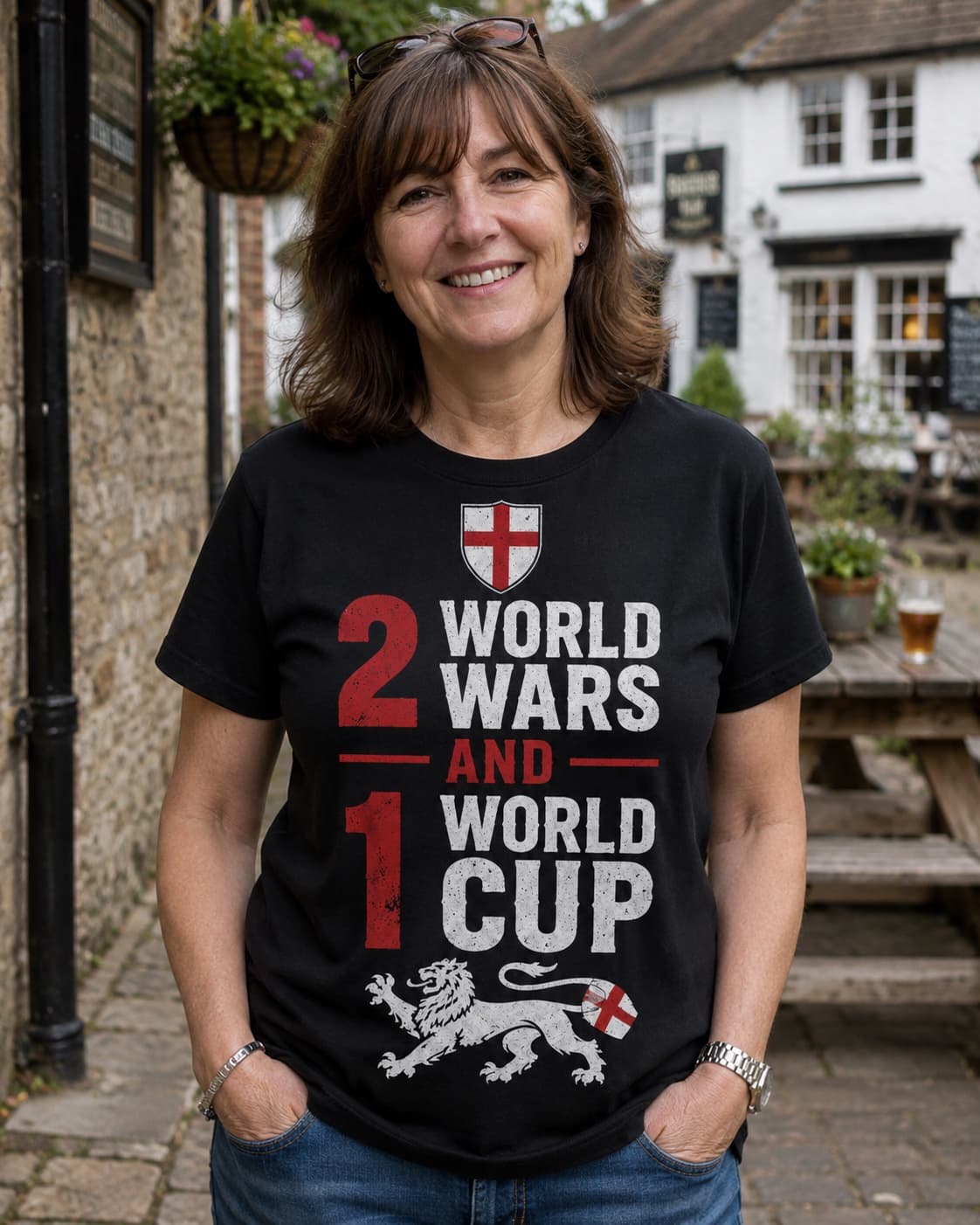 2 World Wars 1 World Cup T-shirt worn, lifestyle shot