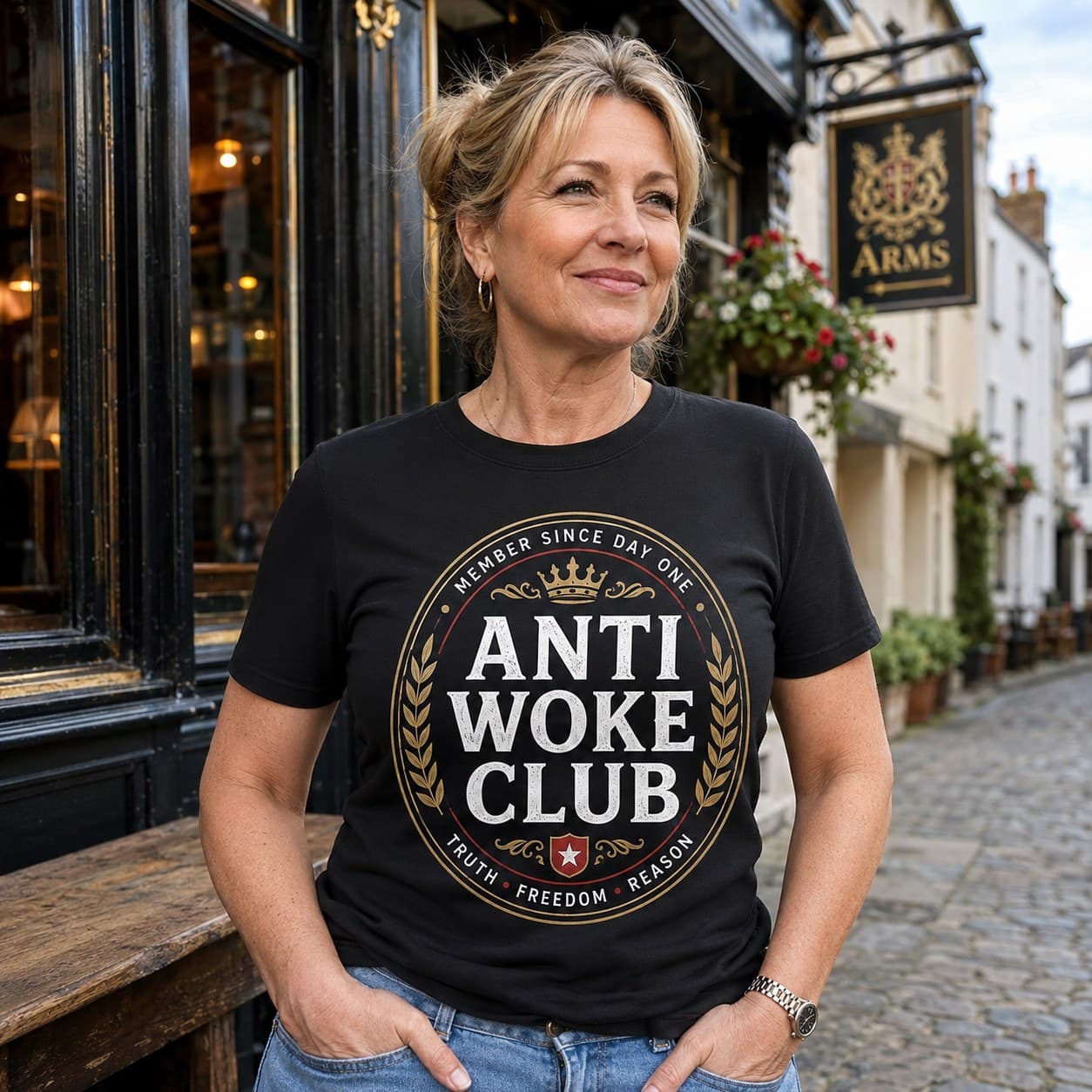 Anti Woke Club T-shirt worn, lifestyle shot