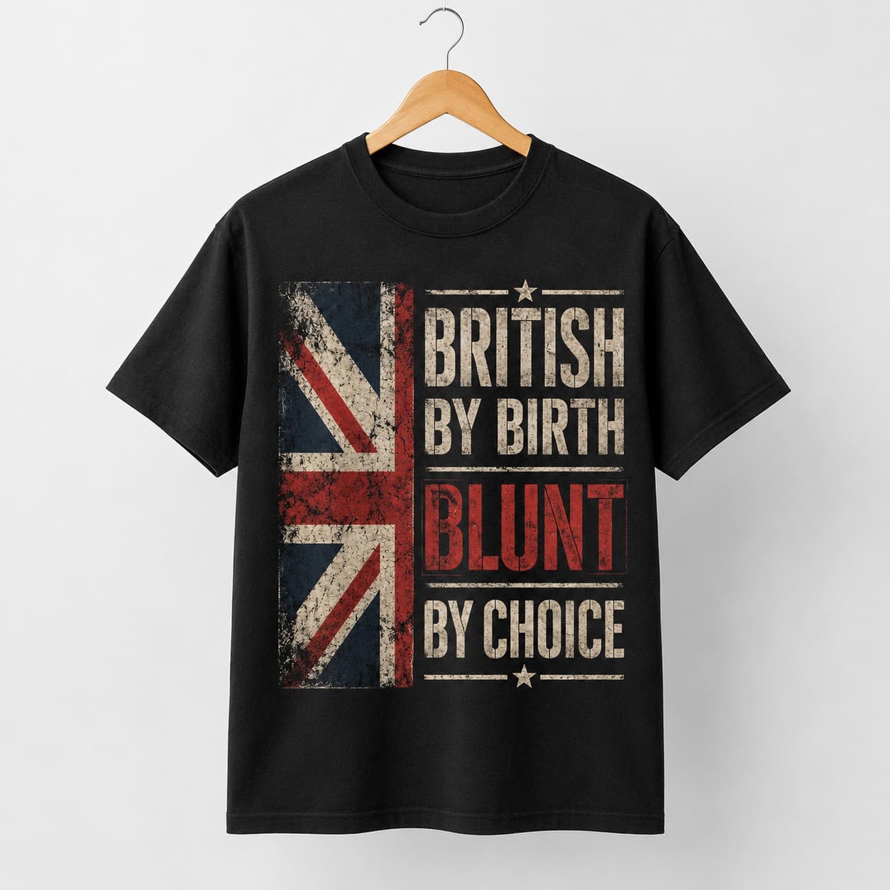 British By Birth Blunt By Choice black T-shirt, front print