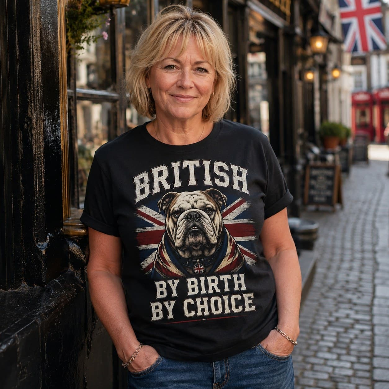 British By Birth Blunt By Choice T-shirt worn, lifestyle shot