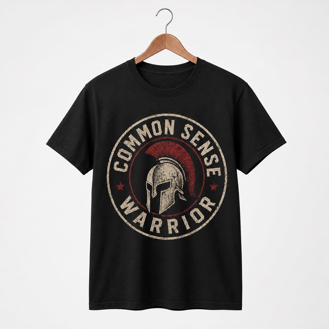 Plain black back of the Common Sense Warrior T-shirt