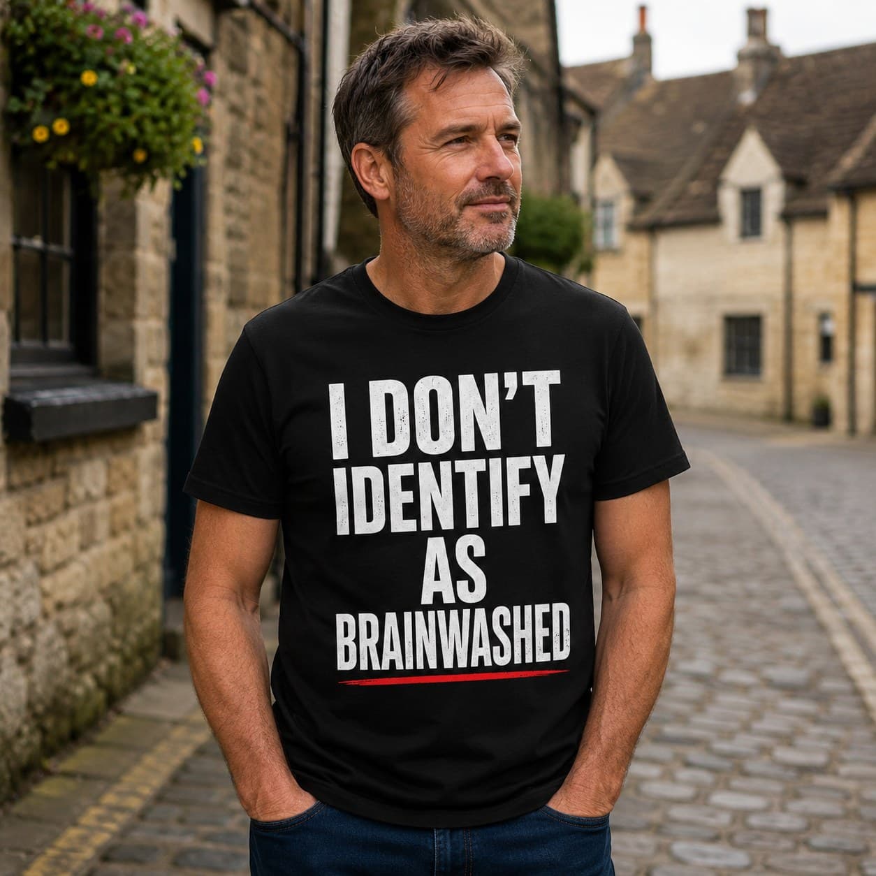 I Don't Identify As Brainwashed T-shirt worn
