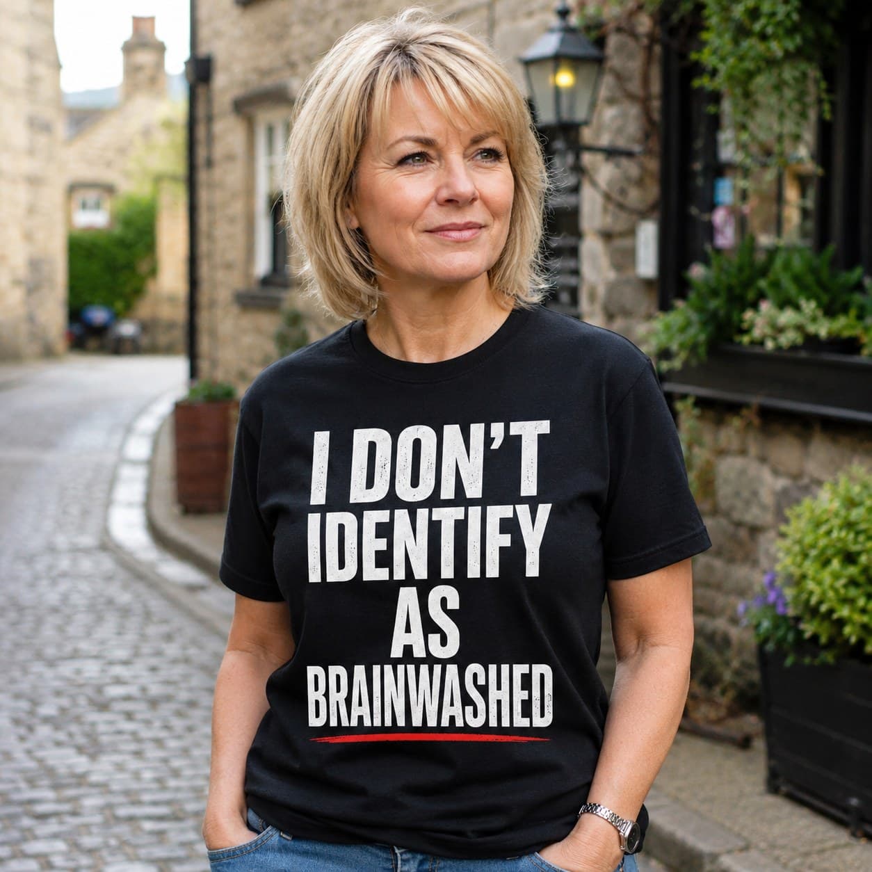 I Don't Identify As Brainwashed T-shirt worn, lifestyle shot