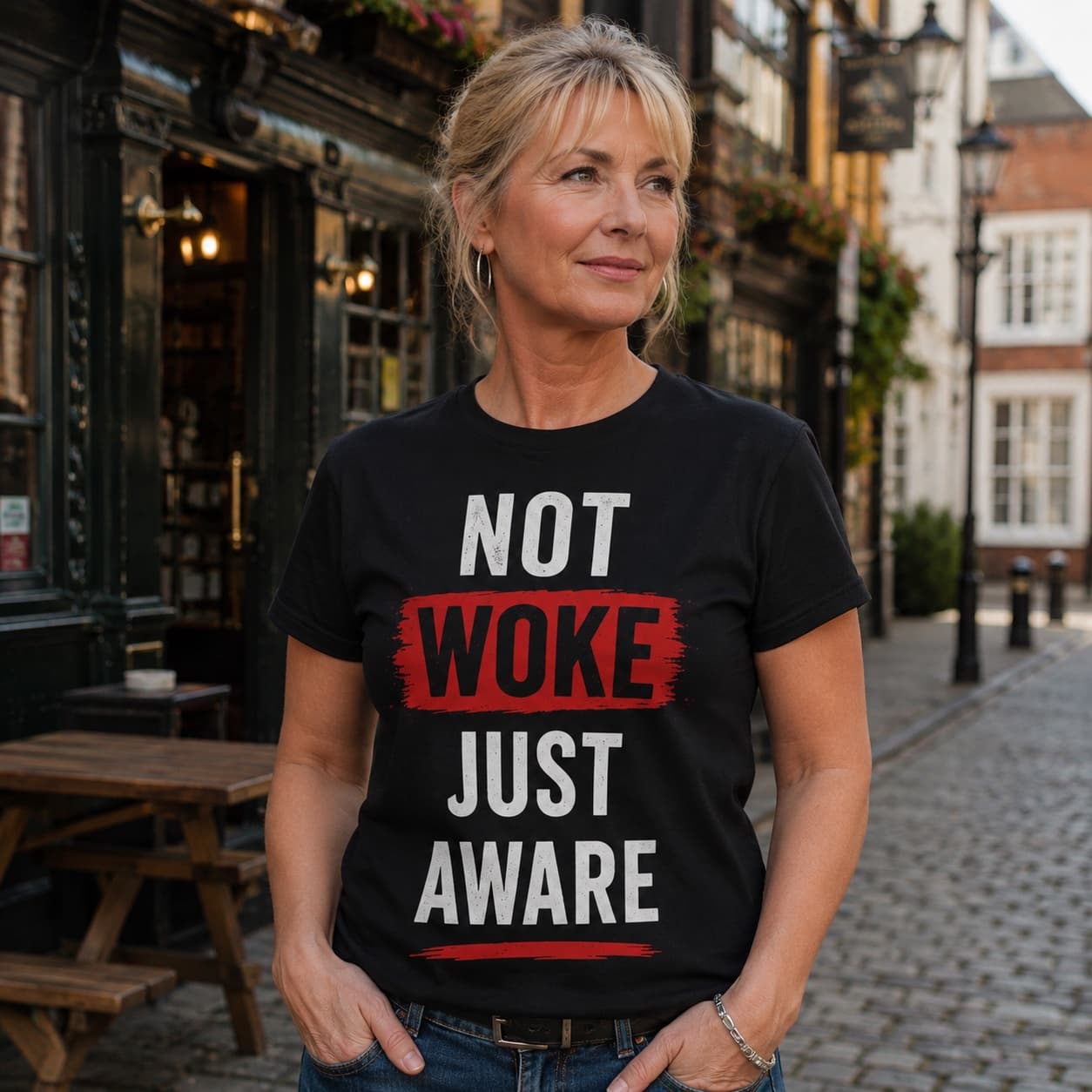 Not Woke Just Aware T-shirt worn, lifestyle shot
