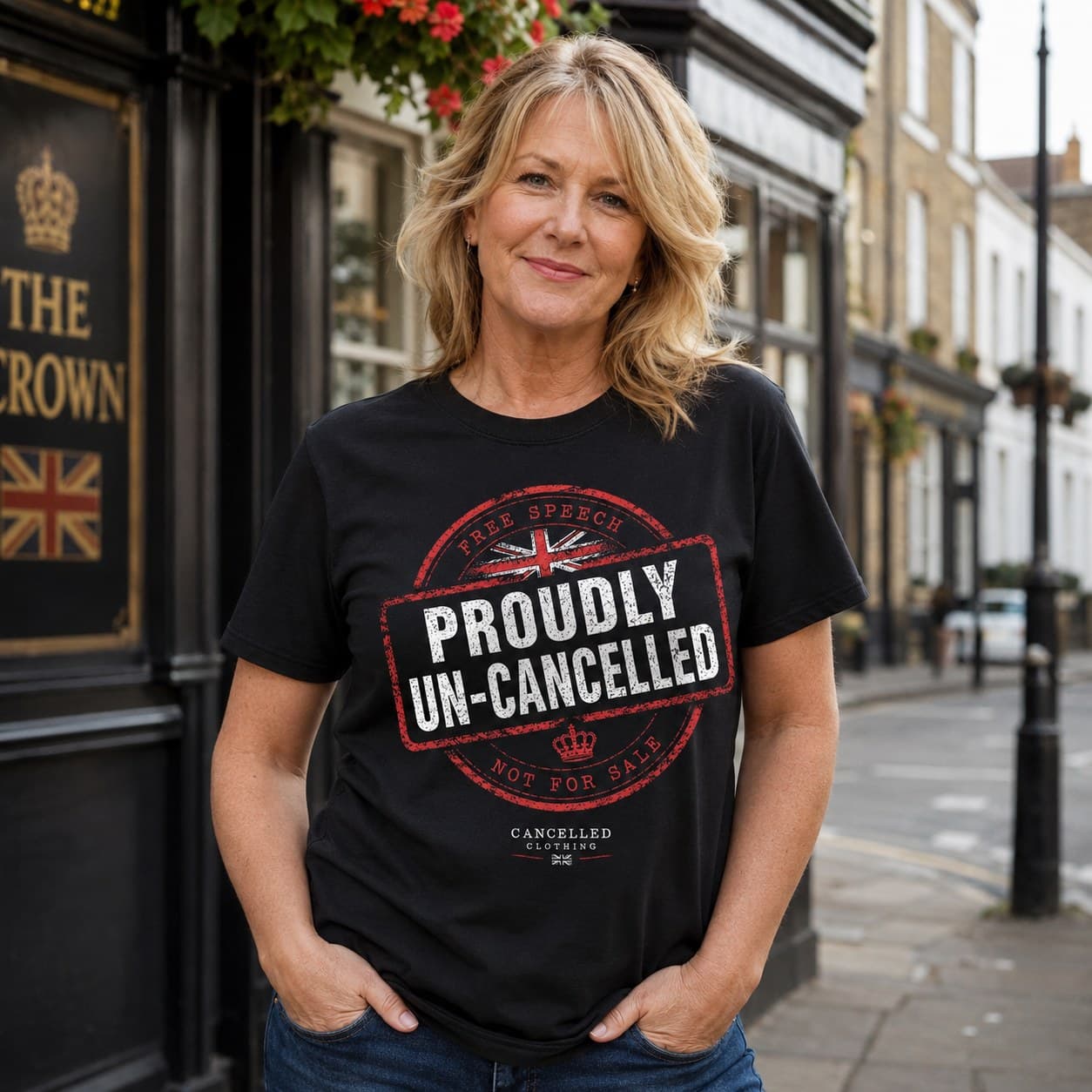 Proudly Un-Cancelled T-shirt worn, lifestyle shot