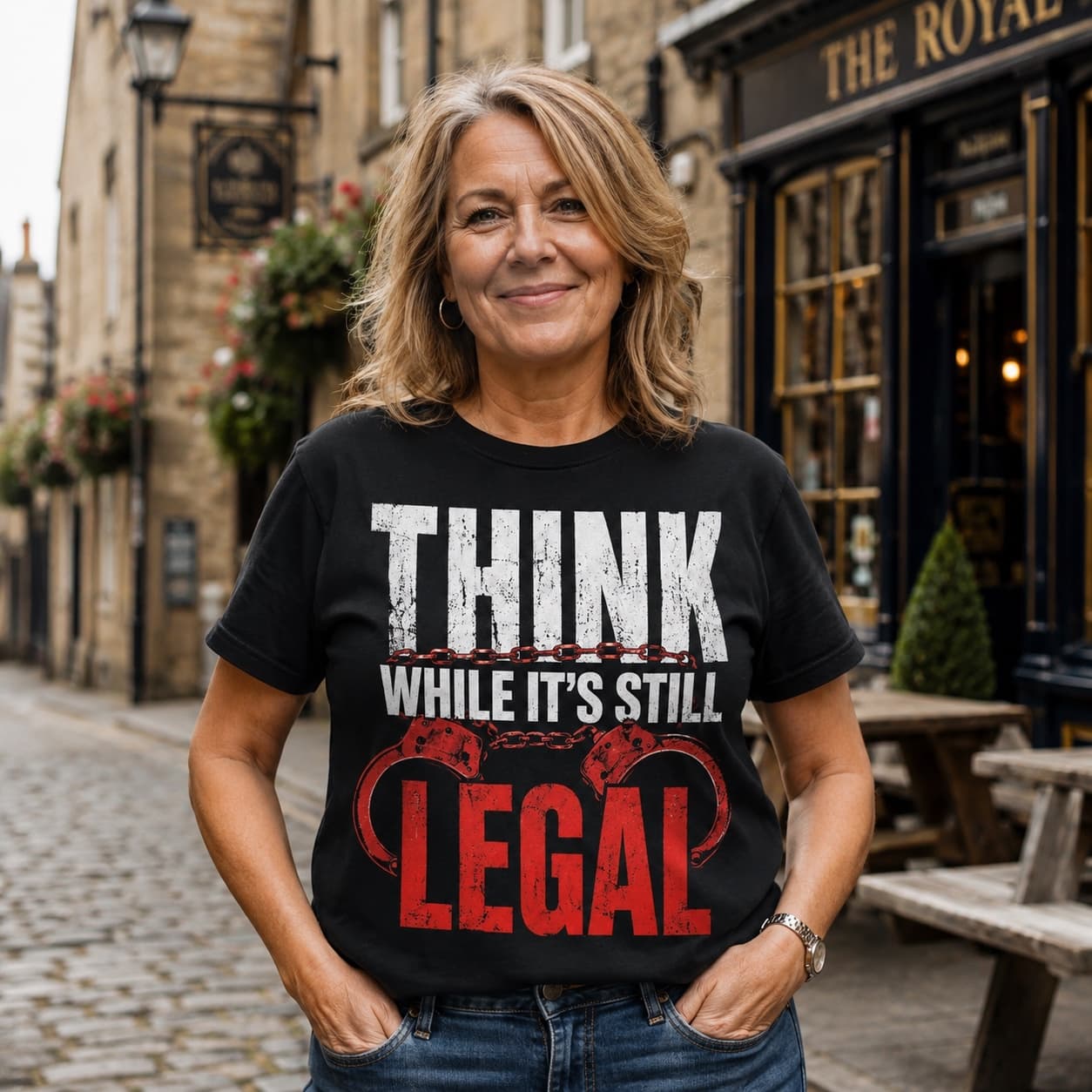 Think While It's Still Legal T-shirt worn, lifestyle shot