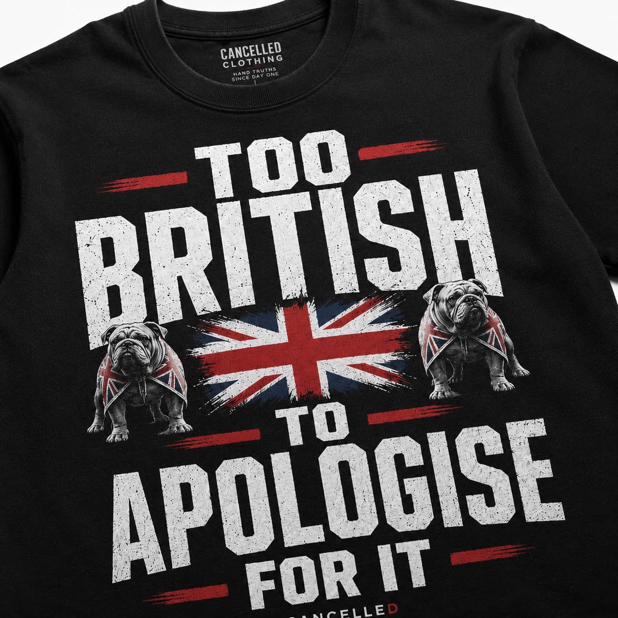 Too British To Apologise For It black T-shirt, front print