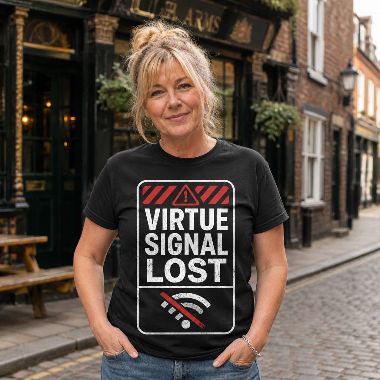 Virtue Signal Lost T-shirt worn, lifestyle shot